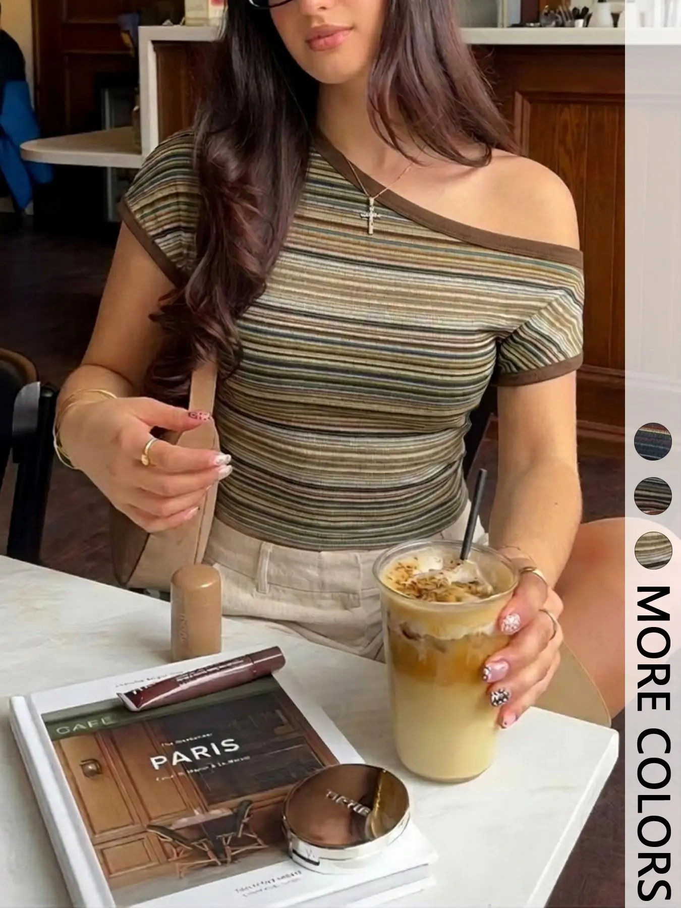 Women's Multi-Color Striped One-Shoulder T-Shirt, Contrast Binding Trim, Short Sleeve Form-Fitting Cut, Stretch Knit Breathable Fabric, Casual Streetwear for Daily Commute and Date Casual Everyday Wear