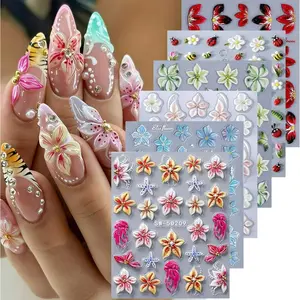 6 PCS 5D Summer Flower Nail Art Stickers, Decals Embossed Hibiscus Decals for Nails Art, Lily Hibiscus Starfish Jellyfish Daisy Bee Ladybug Designs Summer Tropical Floral Nail Decoration for Women