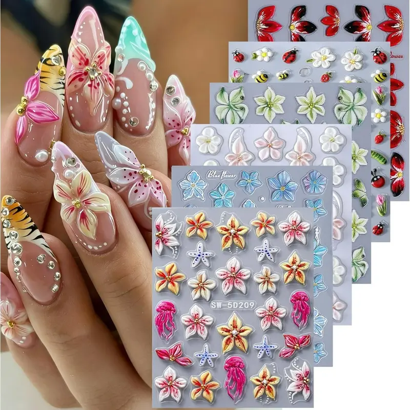 6 PCS 5D Flower Nail Art Stickers, Decals Embossed Hibiscus Decals for Nails Art, Lily Hibiscus Starfish Jellyfish Daisy Bee Ladybug Designs Tropical Floral Nail Decoration for Women