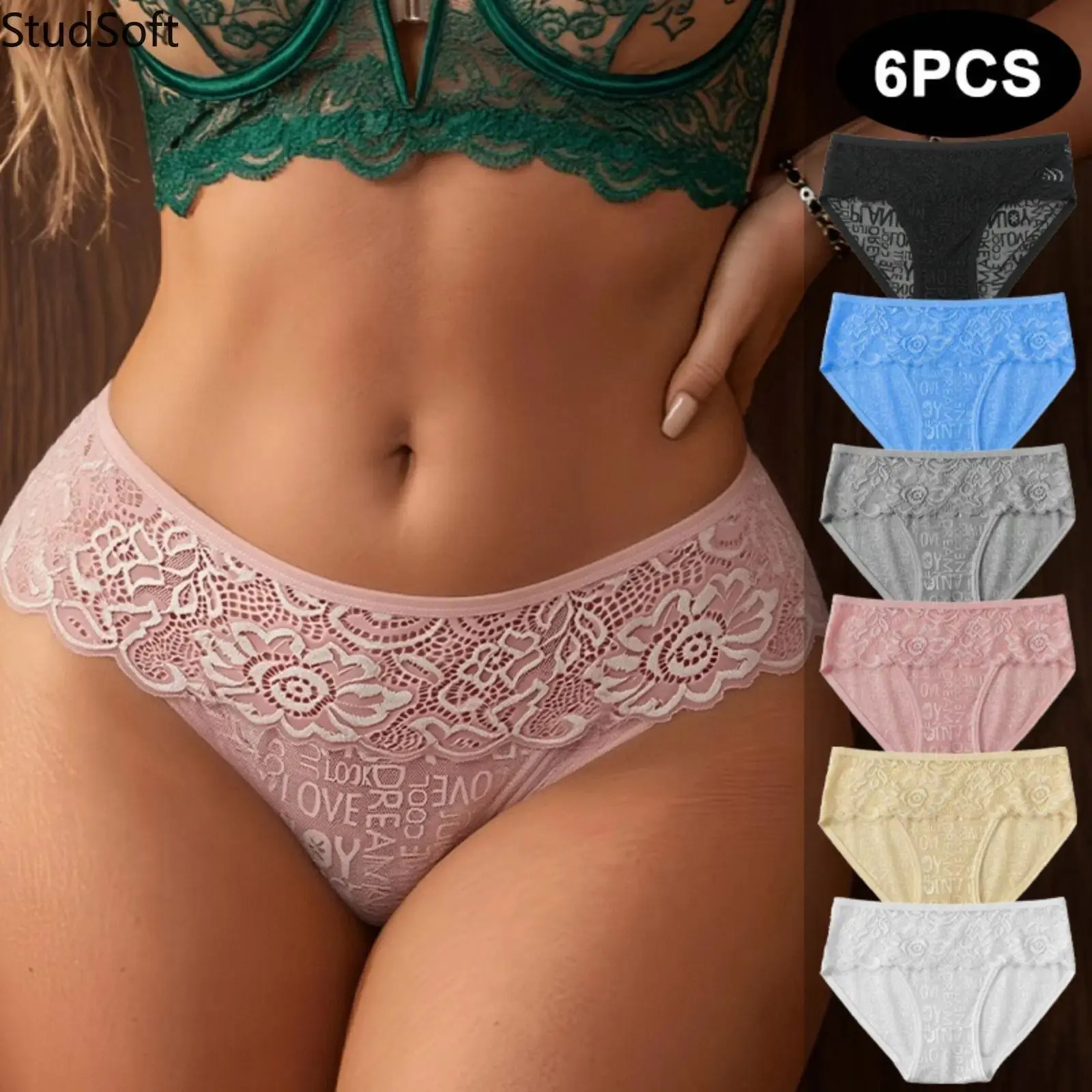 Women's 6Pcs Synthetic Lace Patchwork Bikini Panties - Sexy Graffiti Letter Print, Cheeky, Stretchy, Low Rise Underwear Briefs Set for Gym, Daily Wear