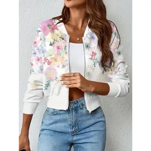 YS0701061 Elegant Open-Front Zipper Baseball Collar Jacket with Floral Print