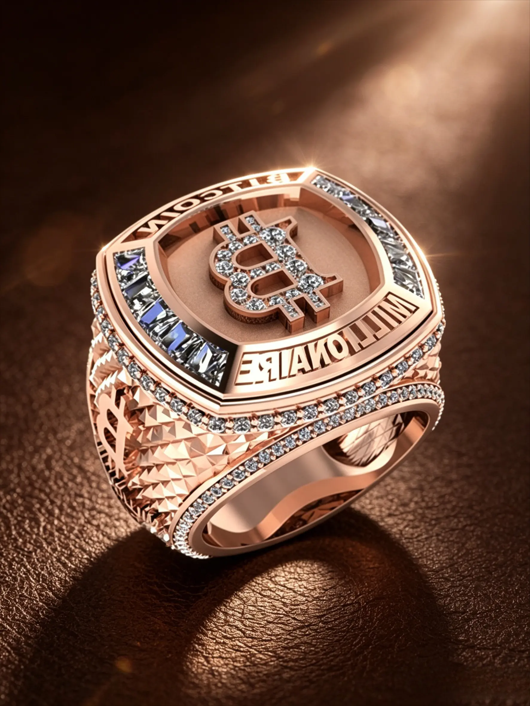 Rose Gold Plated Bitcoin Symbol Men's Championship Signet Ring Multi Row White CZ Surrounded Wide Band Finger Ornament Millionaire Engraved Hip Hop Statement Accessory For Club Party Photoshoot Father Birthday Anniversary Holiday Gift For Men