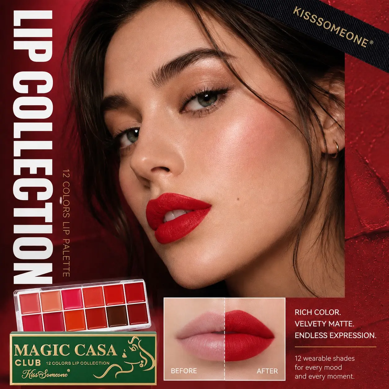 12-Color Long-Lasting Glossy Lipstick Palette, Smooth Finish, Suitable for Bare Makeup, Moisturizing, Hydrating, Non-Fading, Christmas & Halloween Gift, Glossy Juicy Lip