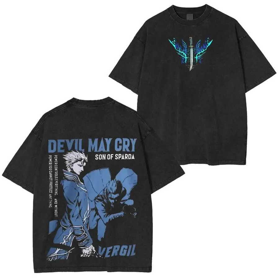 Menswear Round Neck Short-Sleeve T-Shirt - Retro Grunge Unisex Oversized Casual Top, Devil May Cry Vergil Son Of Sparda Character Art Double Print, for Adult Action Game Enthusiasts