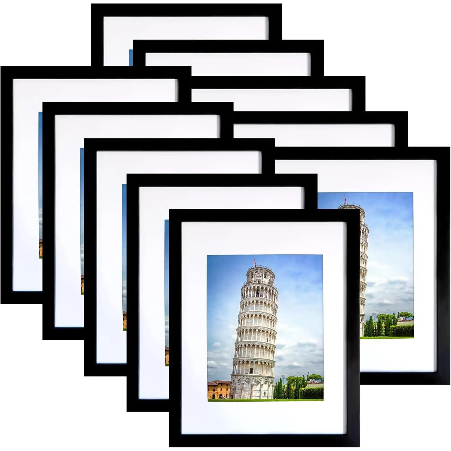 8x10 Picture Frame Set of 10, Display Pictures 5x7 with Mat or 8x10 Prints without Mat, Wall Mounting or Tabletop,Black