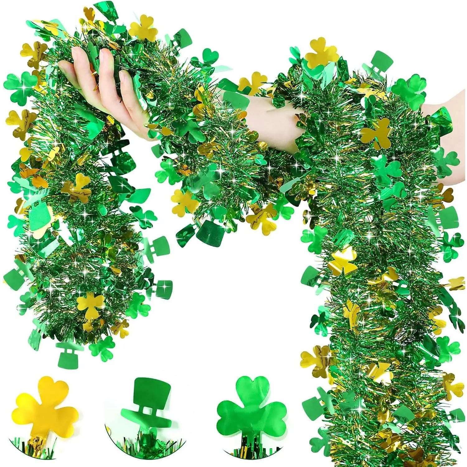 33 FT St Patricks Day Garland Decor Gold Green Shamrock Hat Tinsel Garland, Shiny Metallic Streamer Twist Garland Hanging St Patricks Day Decorations for Home Indoor Outdoor Irish Party Supplies