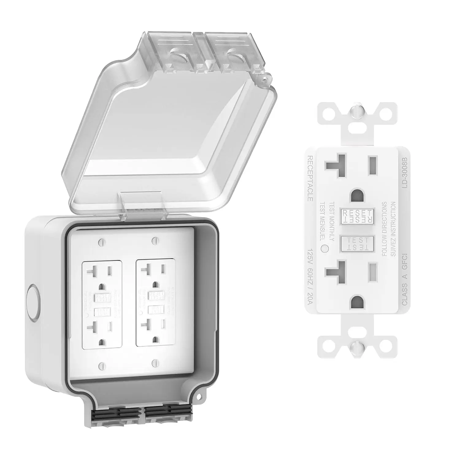 20A  GFCI Outdoor Electrical Outlet Box, IP66  Nonmetallic Weatherproof Power Box with Lockable Cover, UL Listed, Compatible with 15A GFCI, for Garden Yard  Field