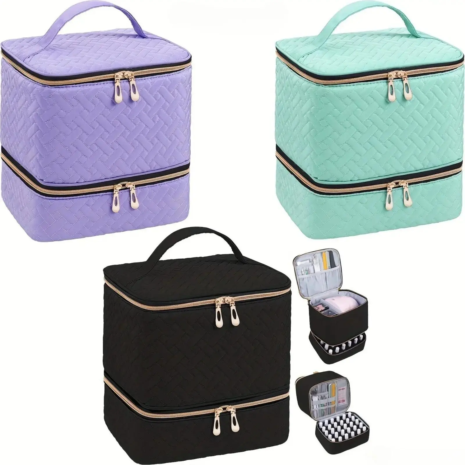 Large Capacity Double Layer Makeup Bag – Portable Cosmetic Organizer Case with Handle, Multi-Compartment Nail Polish Storage & Travel Toiletry Bag for Women, Lightweight Organizer for Home, Salon & Travel Use