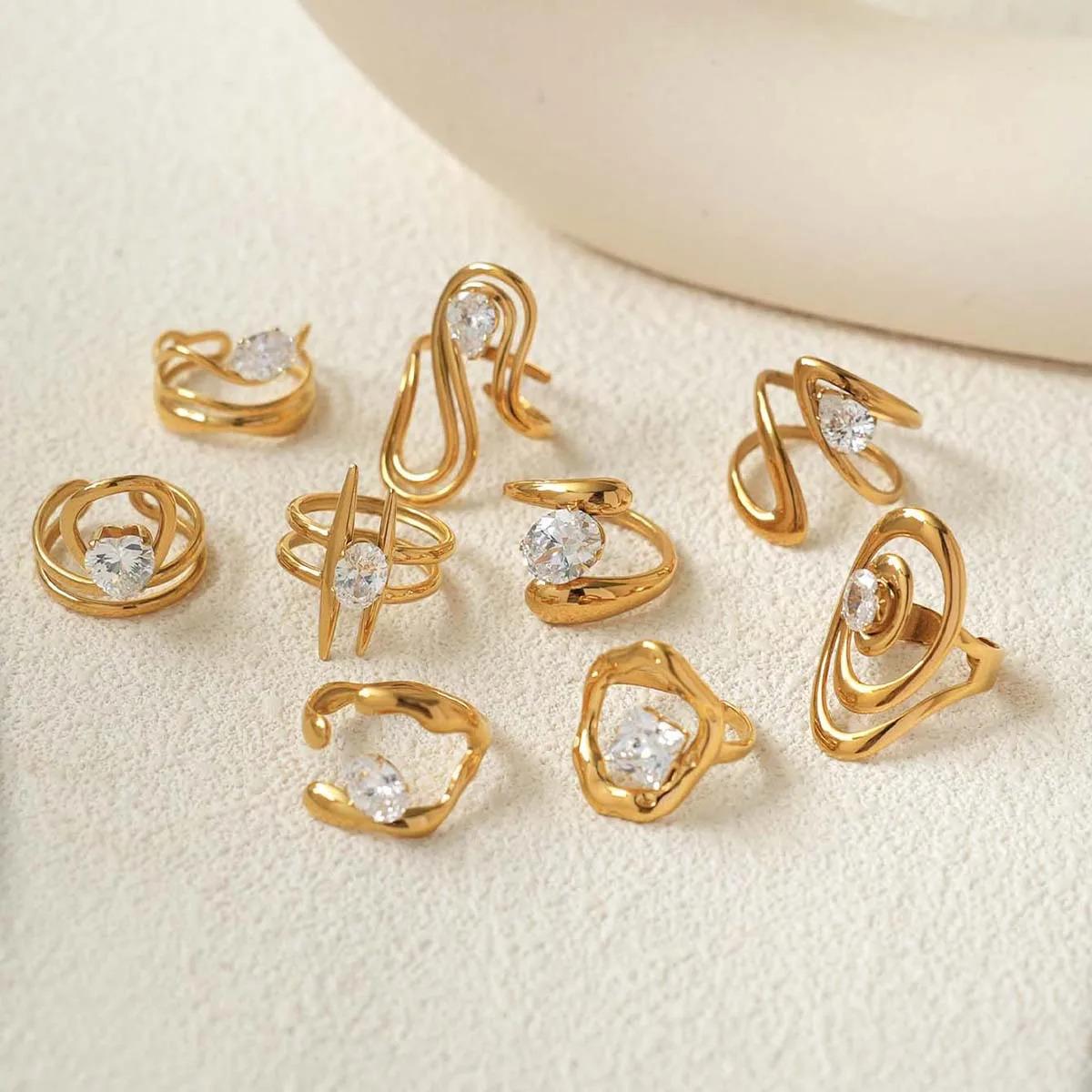 Statement Stainless Steel Delicate Shiny Cubic Zirconia Ring For Women High Quality 18K Gold PVD Plated Finger Jewelry Gift Gold-Plated Striped Couple Stacking Minimalist