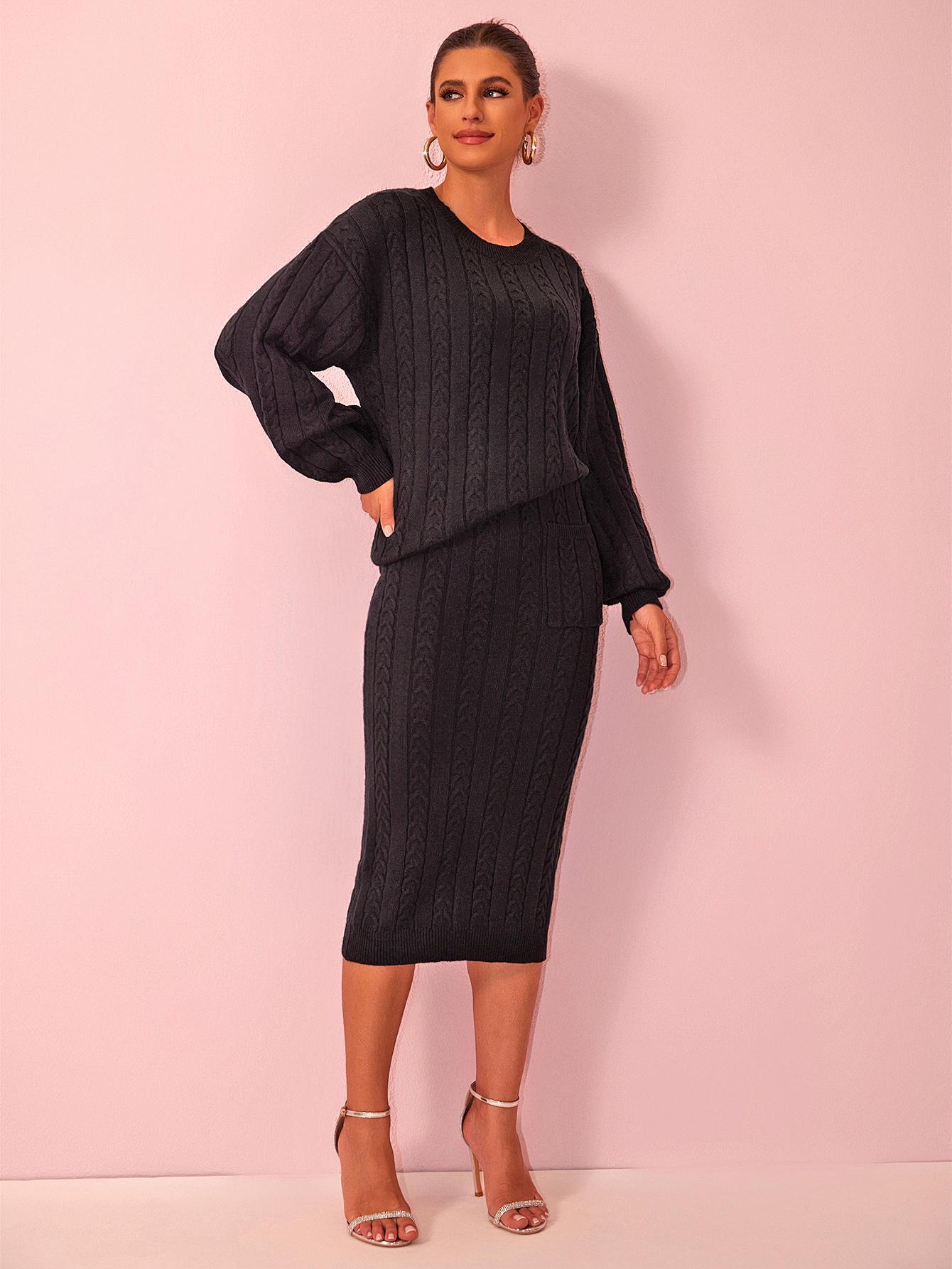 Joyfunear Ladies' casual pure-color knitted sweater & mid-length skirt set