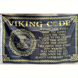 Viking Code Flag - 3x5 ft banner, featuring a Norse mythology theme, men's style, made of durable fabric, with gold rune and axe emblem design, suitable for indoor and outdoor decoration, motivational flag |   Symbolic artwork |   High-quality printing