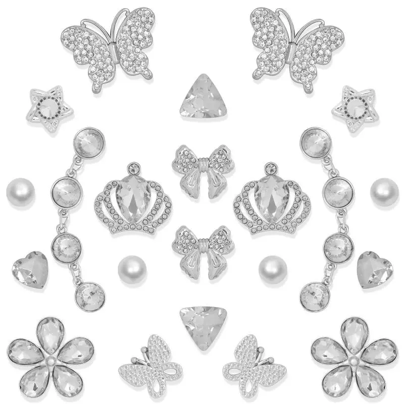SOGLLQAM Silver Shoe Charms Chain Accessories for Women, Butterfly Flower Pearl Shoe Decoration Charms with Rhinestone Bling, DIY Shoe Charms for Clogs & Sandals, Cute Decor for Everyday Wear, Party, Birthday & Holiday Gifts