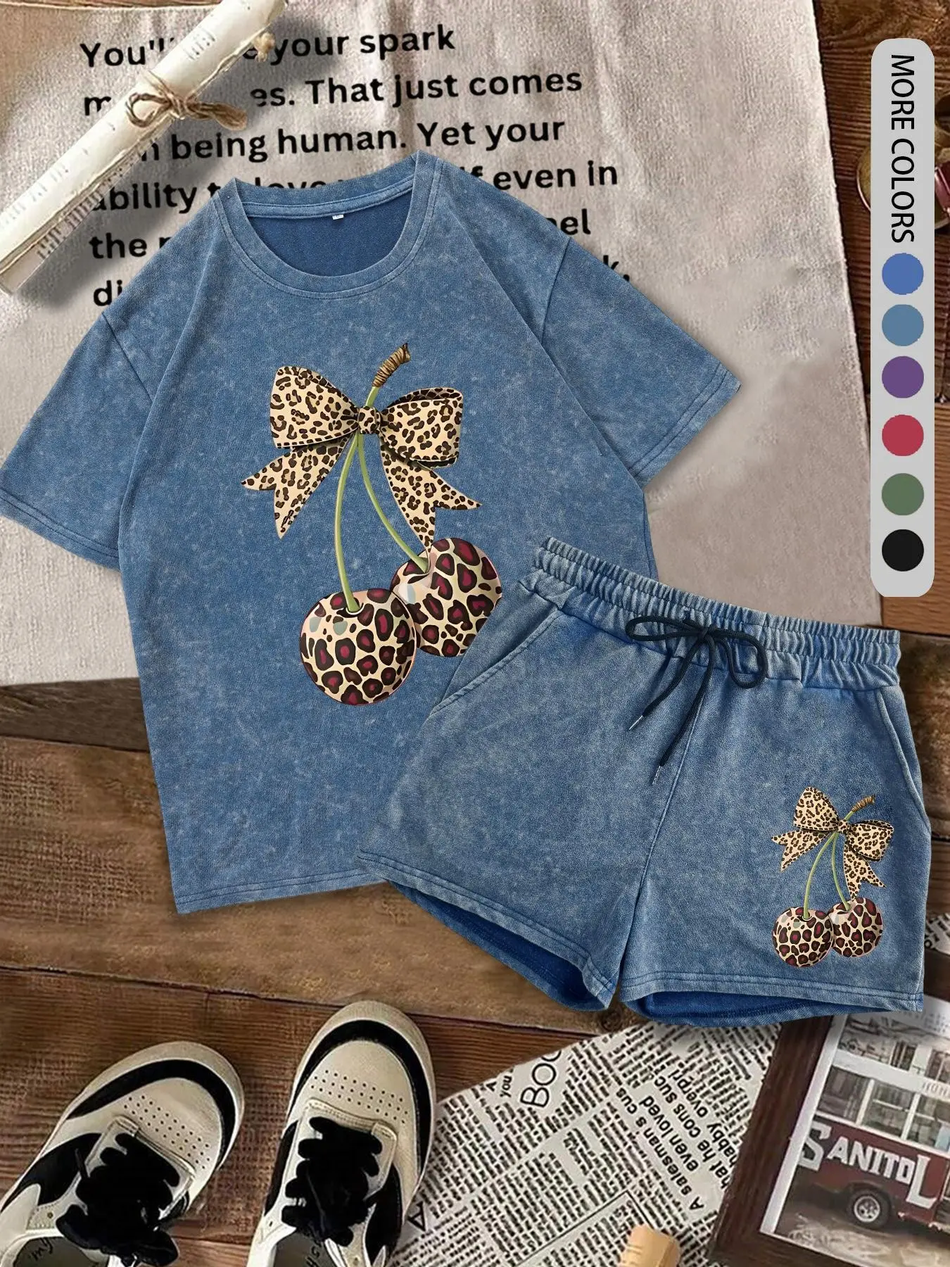 Two-Piece Set Women's Cherry & Letter Print Tee & Shorts, Casual Round Neck Short Sleeve T-Shirt & Shorts, Ladies Two-Piece for Daily Wear, Clothes