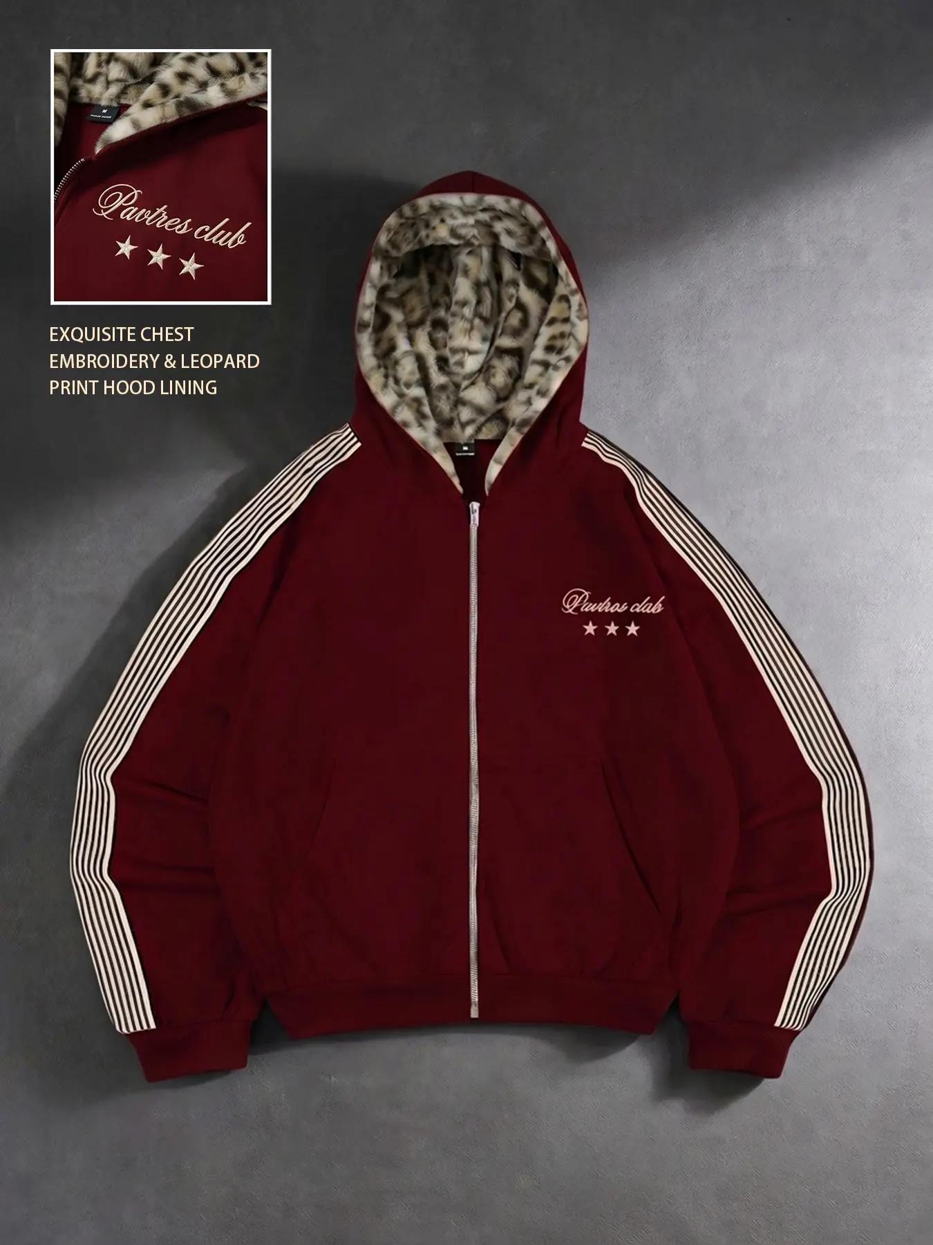 Men Women Burgundy 3 Side Stripe Zip Up Hoodie Jacket With Leopard Fleece Lined Inside, Y2K 90s Retro Sporty Contrast Leopard Lined Oversized Cropped Sweatshirt Coat, Fall Winter Warm Fluffy Leopard Inner Double Layer Zip Hooded Outerwear #leopardlinedhoo