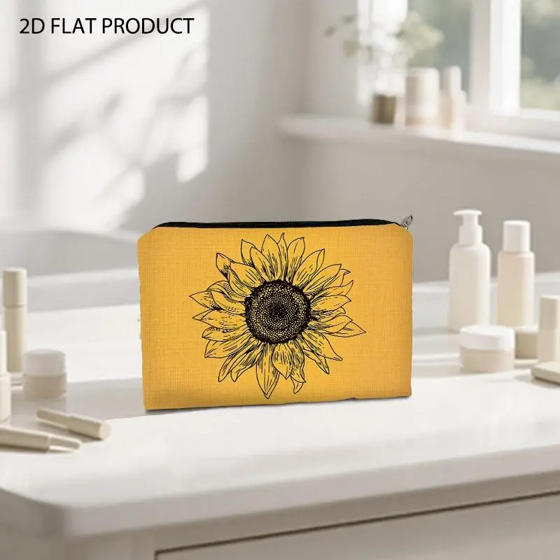 Sunflower Line Drawing Print Cosmetic Bag, 5.9*8.66inch Portable Makeup Pouch with Bright Yellow Background, Stylish Colored Organizer for Storing Beauty Tools, Perfect for Daily Travel & On-the-Go Makeup Use