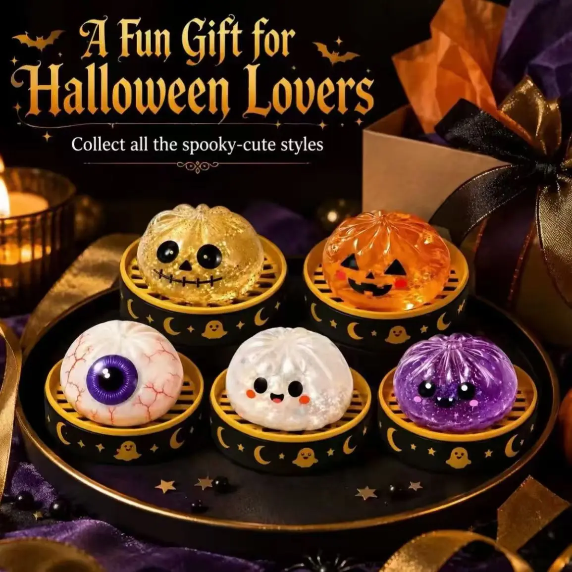 Halloween Squishy Decompression Toy Set, 5-Pcs Sparkle Transparent Squeeze Fidget Balls, Anti-Stress Toys, Goodie Bag Fillers for Kids