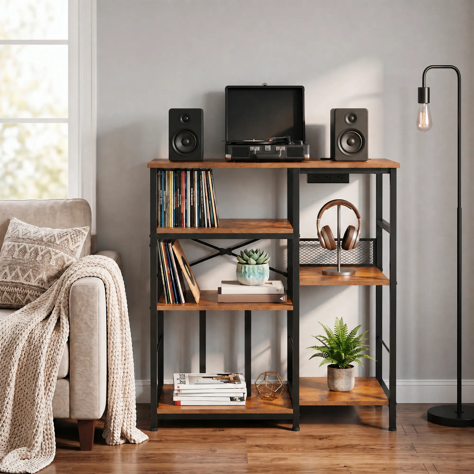 Multi-Cube Record Player Stand, Wooden Turntable Table with Charging Station | Industrial Storage Shelf for Albums & CDs