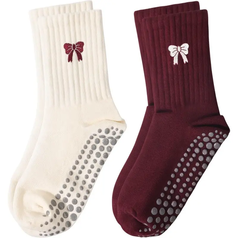 Women's Non-Slip Pilates & Yoga Socks (2-Pair Pack) – Mid-Calf Socks with Bow & Lace Detail; Suitable for Fitness, Ballet Barre, and Dance, Workout Socks, Grip Socks