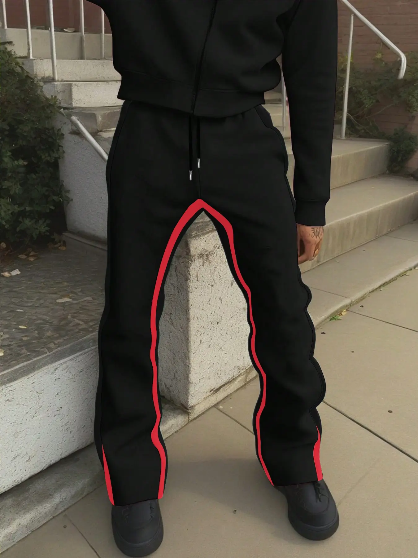 Men's Colorblock Microflare Sweatpants, Drawstring Waist, Solid Pattern, Loose-Fitting, Casual Long Pants for All Seasons