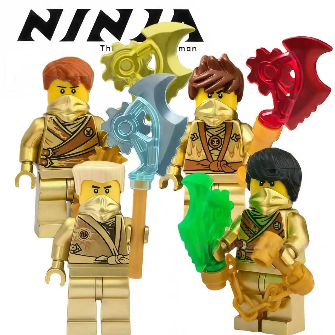 Golden Ninja Figure Building Block Set, featuring 4 digital-style warrior minifigures, compatible with building blocks for assembly, collectible desktop ornaments, and suitable for various building block scene layouts