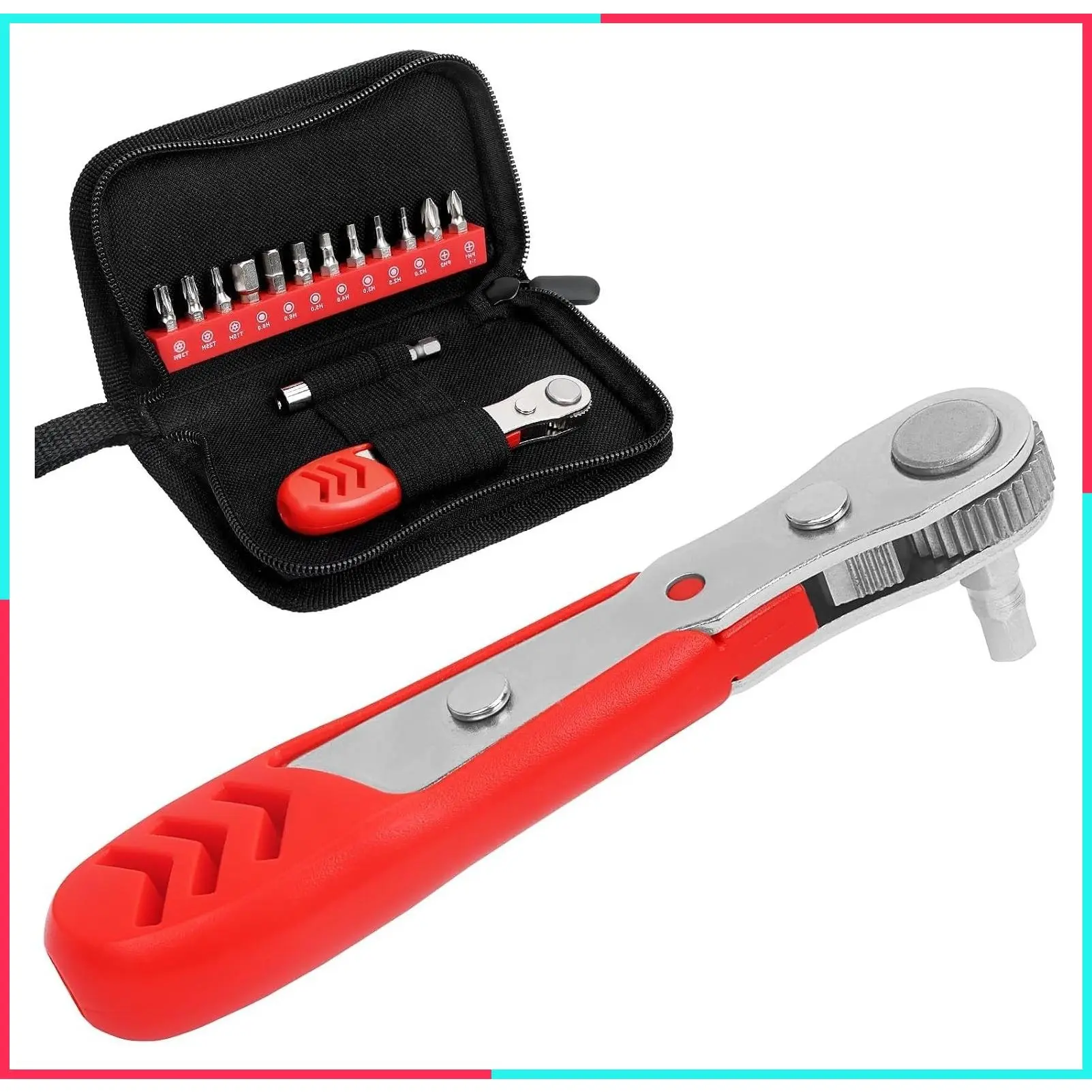 Right Angle Screwdriver 14-Piece Mini Ratchet Set - Low Profile Offset Ratchet Screwdriver with 1/4 Ratchet, Hex, Phillips, Torx Bits for Tight Spaces