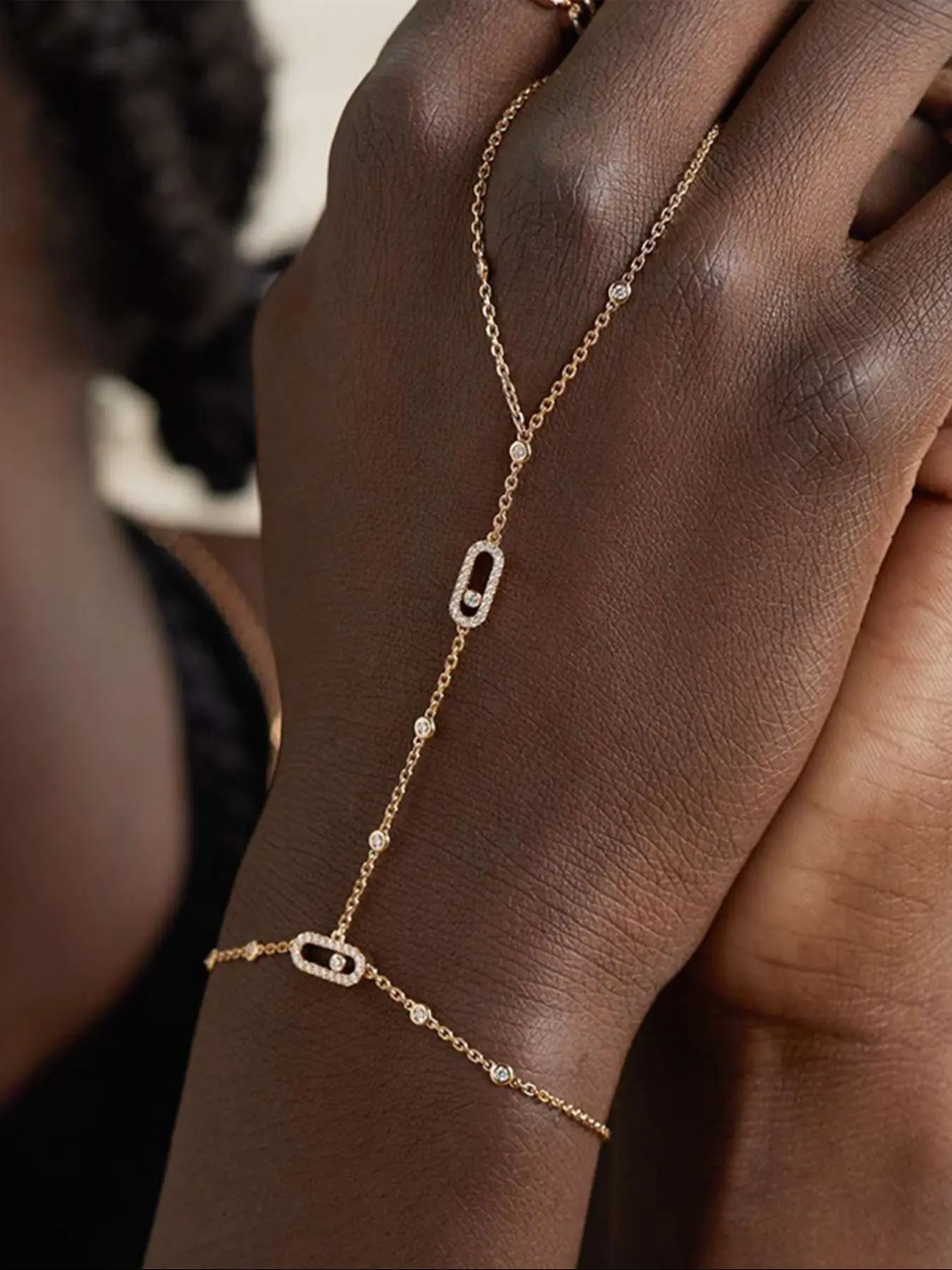 Geometric Hollow Out Hand Chain Bracelet, Fashionable Bracelet, Adjustable Rhinestone Finger Ring, Fashion Jewelry for Parties, Daily Wear, Holiday Gift