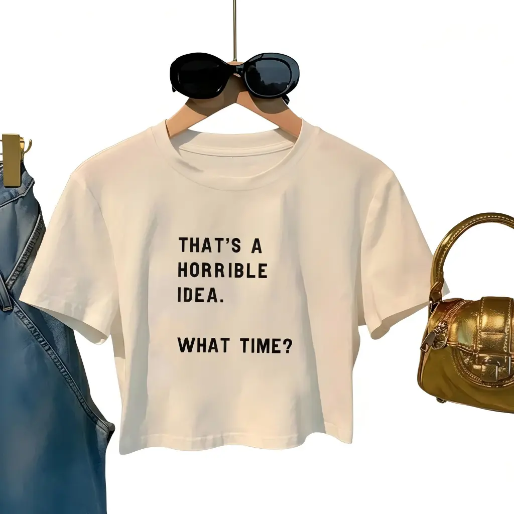 Funny Slogan Graphic Slim Fit White Crew Neck Crop Top Short Sleeve T-Shirt, Soft Casual Summer Aesthetic Daily Streetwear Top For Girls Night Out