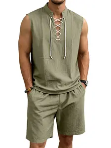 Men's linen texture sleeveless belted shorts set - V-neck cross-belt casual resort-style outfit - Soft and breathable loose fit - Perfect for fitness, outings, beach, daily wear and versatile styling