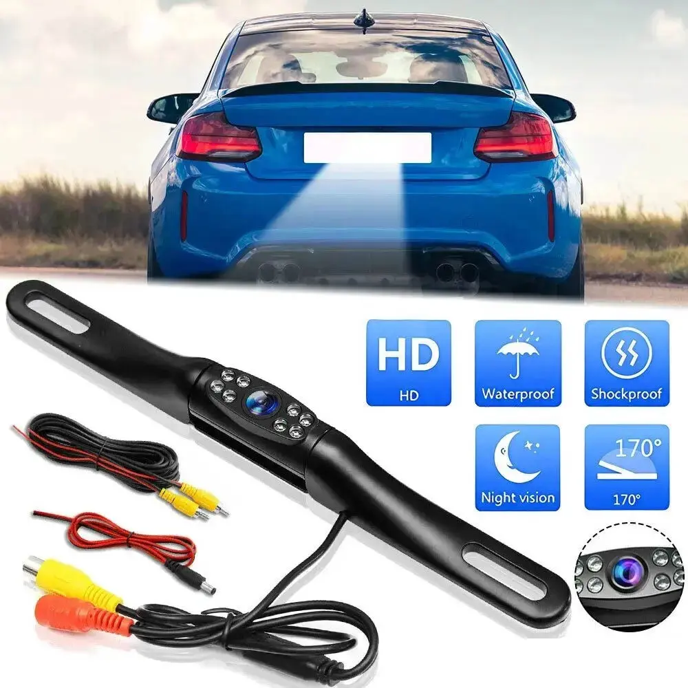 8-LED Iron Frame License Plate Backup Camera, Hidden High Definition Night Vision Wide Angle, No Drilling Universal Car Rear View Sensor
