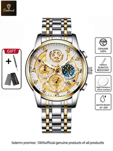 Binbond 4010 Luxury Business Quartz Men's Watch, Stainless Steel Strap, Luminous Waterproof Date Display, Round Analog Dial, Stainless Steel Watches, Quartz Analog Wristwatch