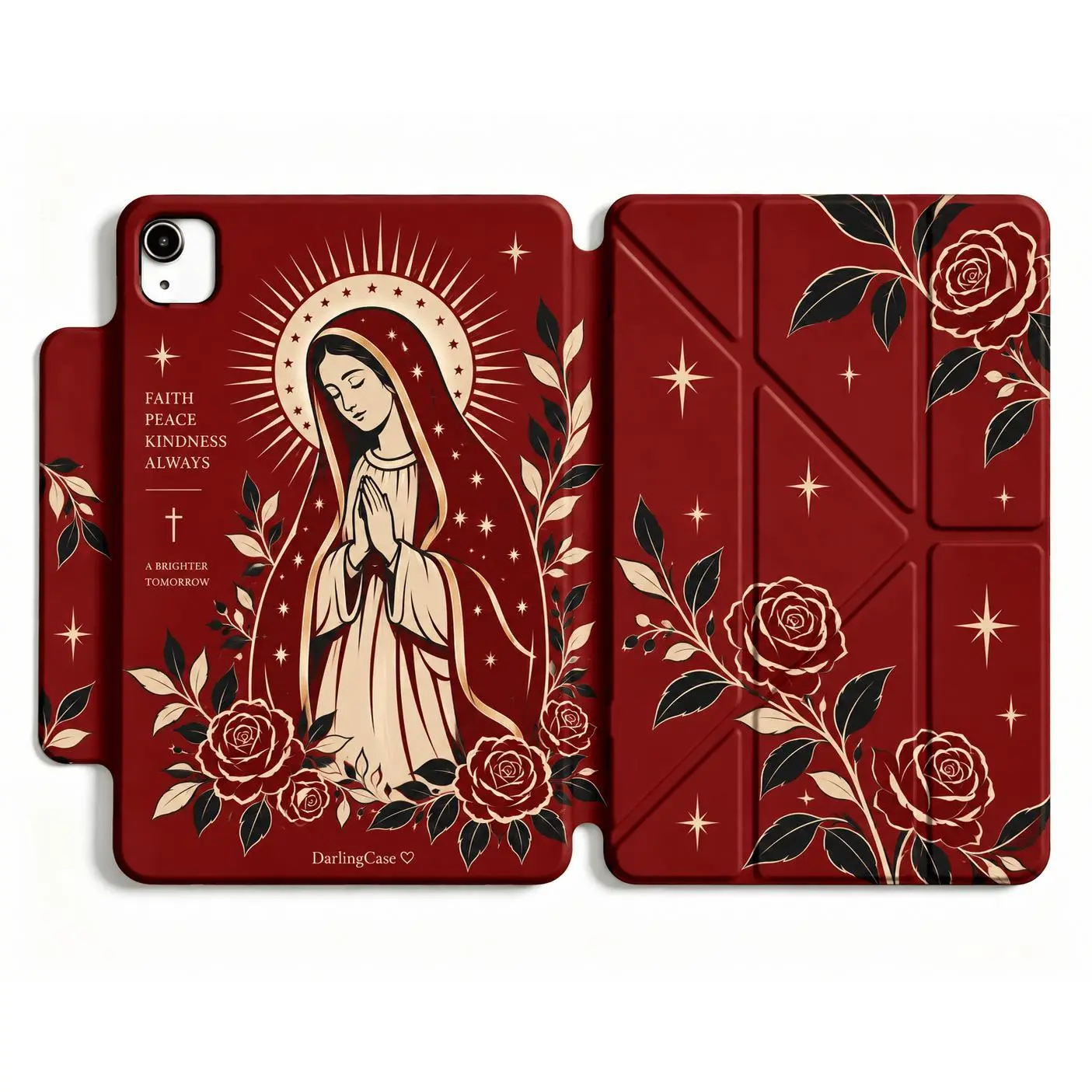 DarlingCase iPad Protective Case for Women, Virgin Mary Rose Christian Tablet Cover, Removable Magnetic Back Shell, 360° Rotating Foldable Stand, Pencil Holder, Auto Sleep/Wake for iPad A16 11th/10th Gen, Air 4-8, Pro 11/12.9/13, Mini 6/7