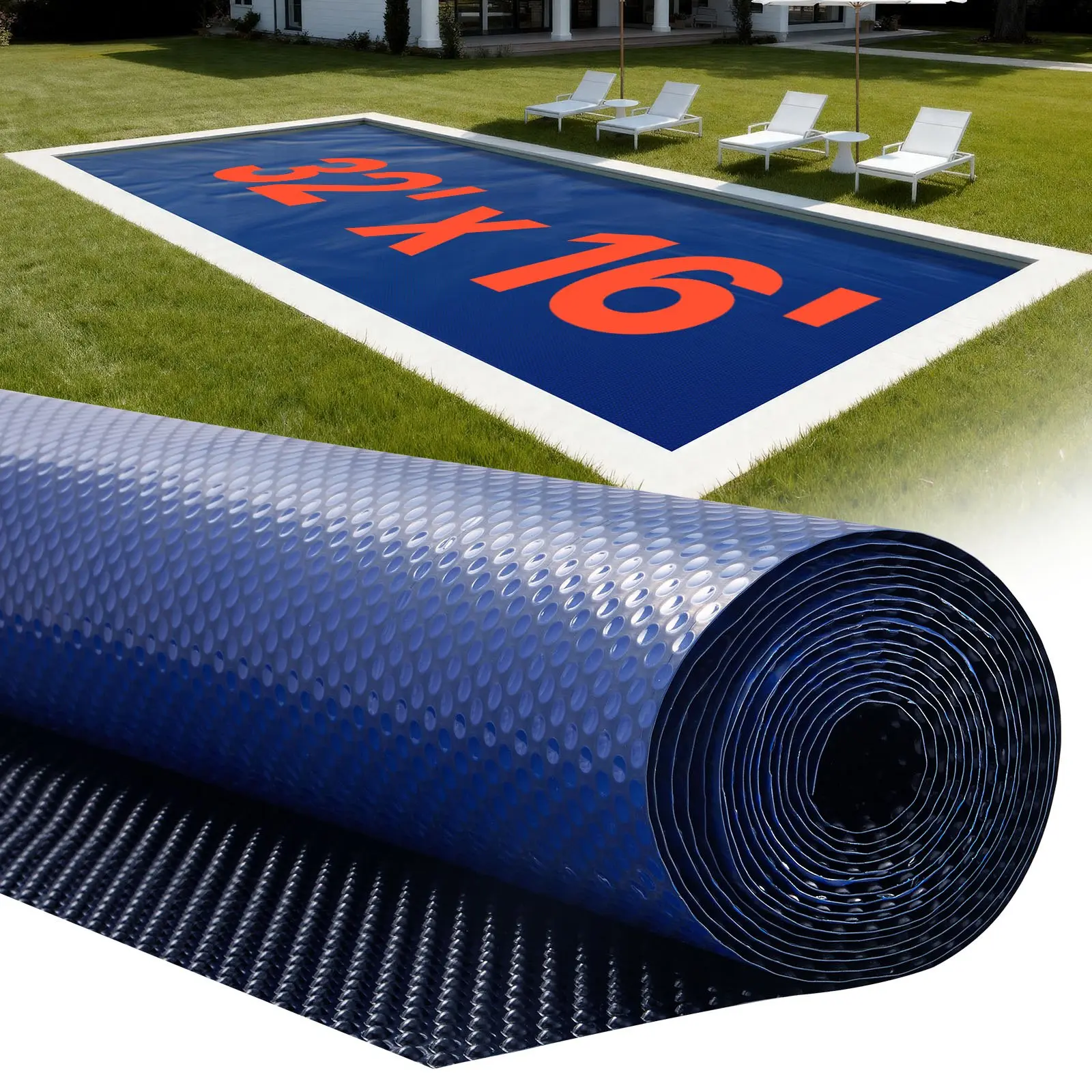 VEVOR PE Plastic Pool Cover, 32x16 ft (400-32*16-s, 9754x4876mm) 16 Mil Advanced Micro-Bubble Heat-Retention Blanket, Customizable Cuttable for Any Pool Shape, Blue Silver