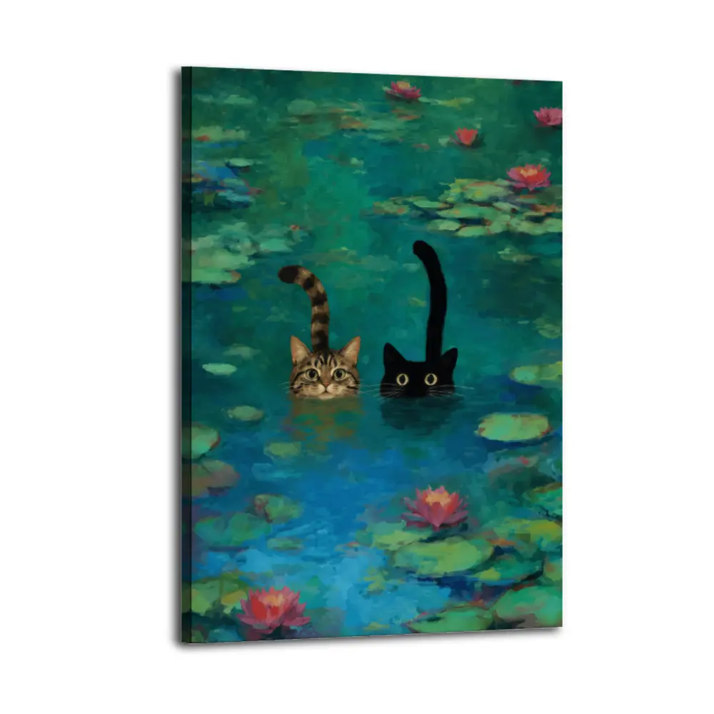 Monet Water Lilies Cat Art Print, Funny Tabby & Black Cat in Water Lily Pond Poster, Impressionism Cat Wall Decor, Cute Cat Painting for Living Room Bathroom Home Decor fashion boho style modern religious poker photography michael hypebeast