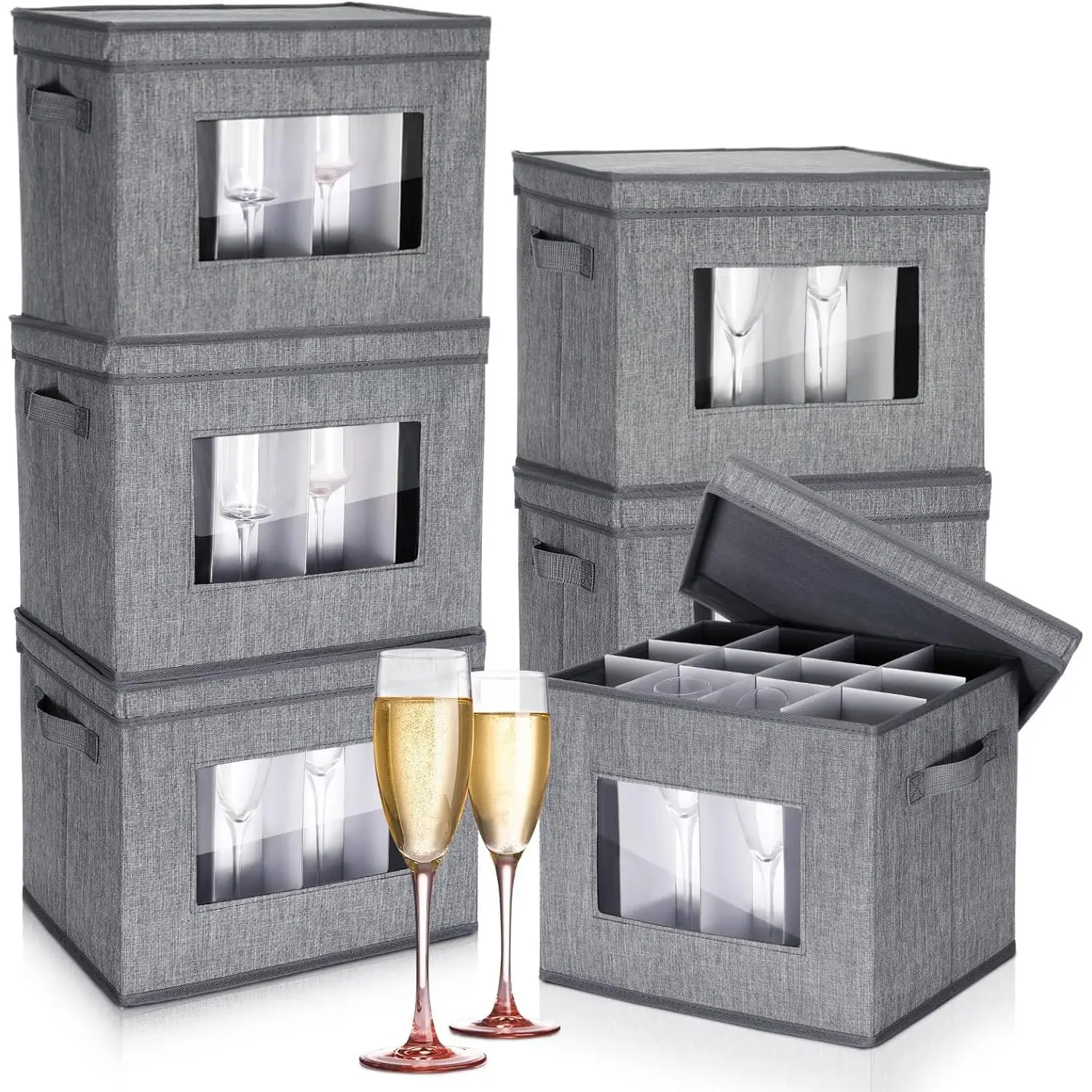 6 Pack 12 Compartment Stemware Storage Box Set with Dividers, Dust-proof Wine Glass Storage Containers with Transparent Window & Handles for Moving, Gray
