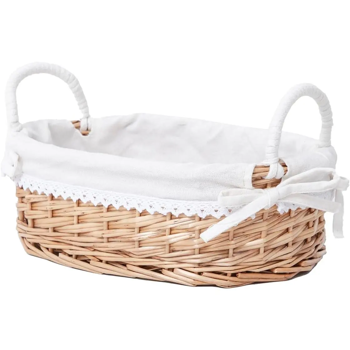 Rustic Wicker Weave Bread Basket with Removable Washable White Liner, Kitchen Counter Serving Basket with Handle, 12.6x8.4x3.94"