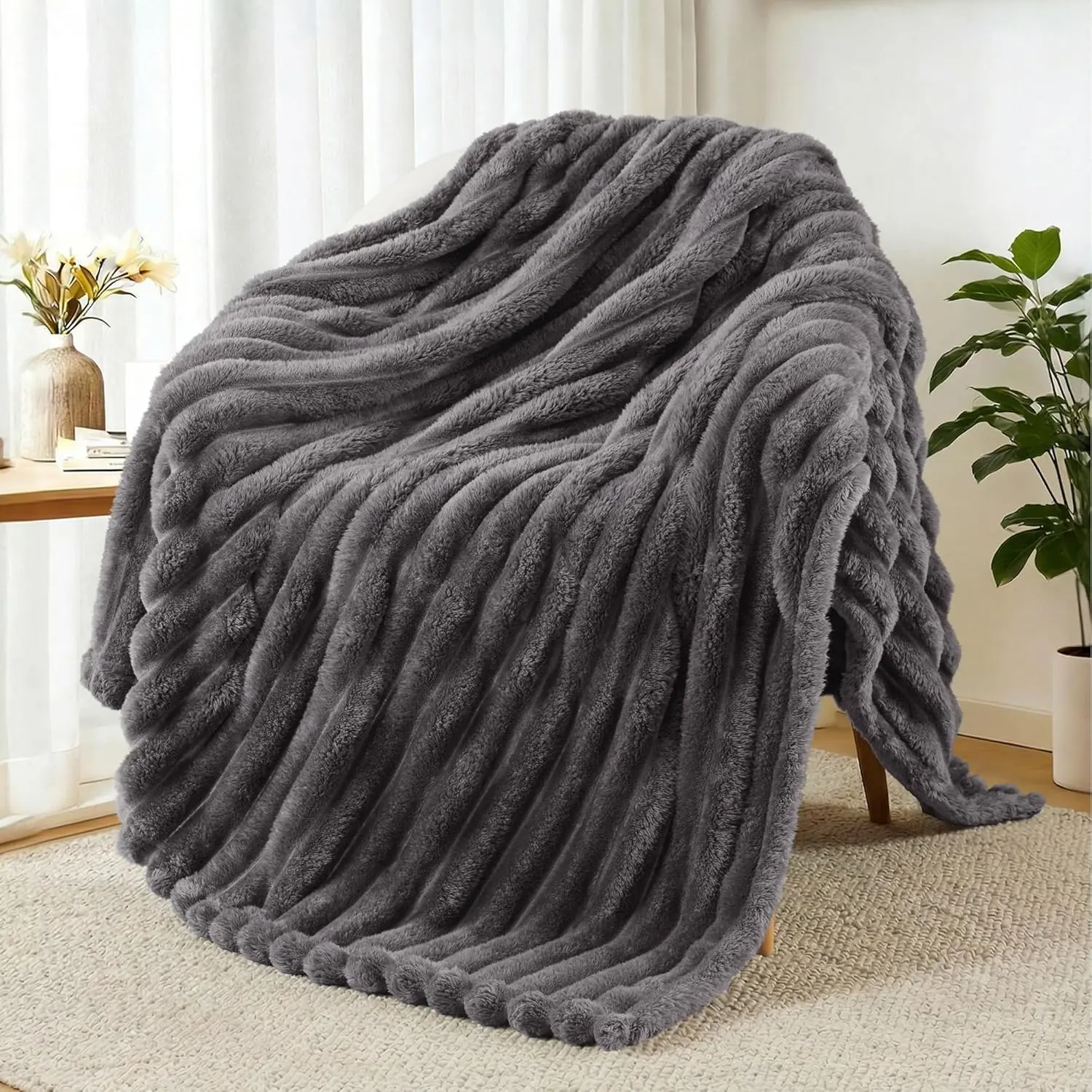Fleece Throw Blanket for Couch, Soft Striped Bed Blanket, Lightweight Fuzzy Cozy for All, 50x60 Inches, Dark Grey