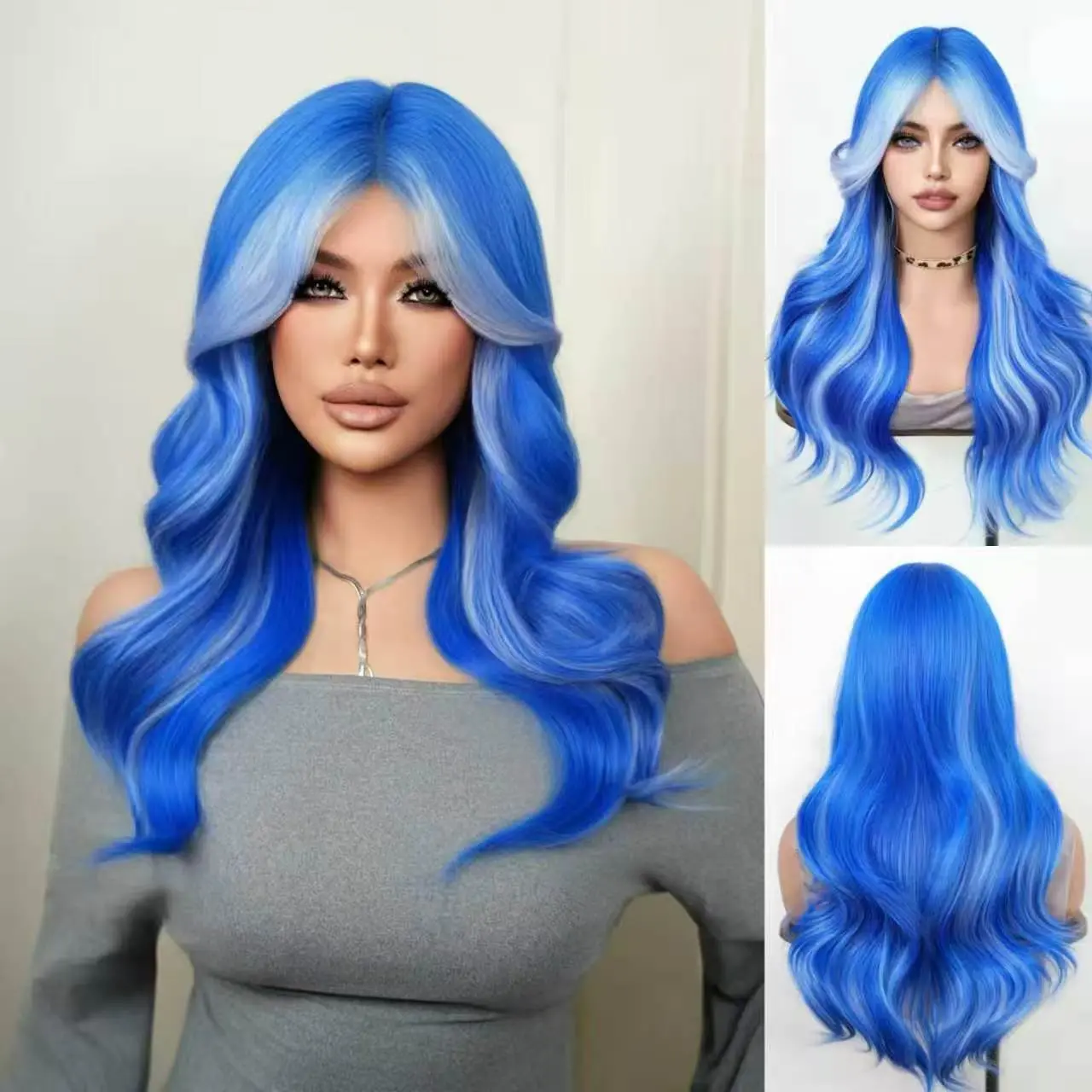 Royal Blue Wavy Synthetic Wig with Sky Blue Highlights for Women, 26 Inch Heat-Resistant & Anti-Tangle Feathered Layers for Daily Wear & Comic Conventions, 26 Inch Wig, Synthetic Hair, Waist-Length, Face Framing, Low Maintenance, Feather Layers, Female We