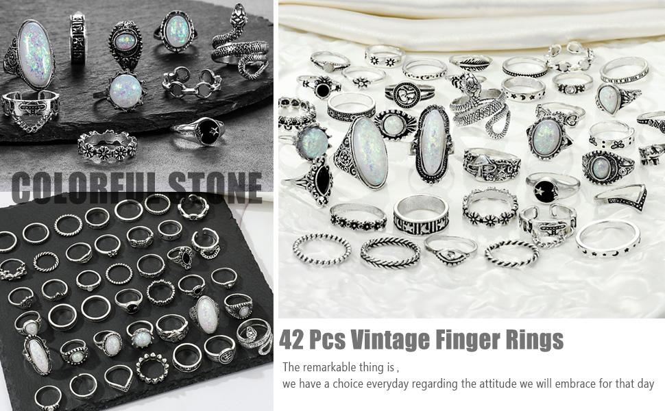 Vintage Silver Knuckle Ring Set, 42 Count Gothic Boho Adjustable Rings with Snake Skull Heart Designs, Y2K Punk Stackable Midi Rings for Women and Men