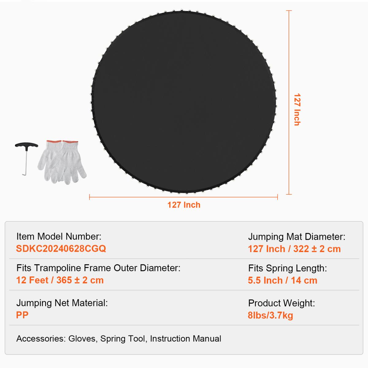 [Fahuac] Replacement Trampoline Mat for 12ft Frame – 72 V-Rings, Fits 5.5" Spring Length, Durable PP Material UV Resistant, Easy Install (Frame & Springs Not Included)