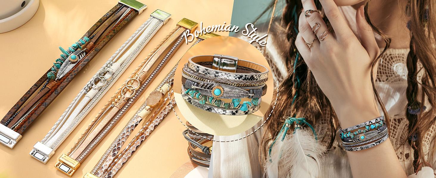 Women’s Leather Wrap Bracelets - Boho Western Cuff Style, Beaded Stackable Design | Gold, Black, Gray Trendy Fashion Accessories Women’s Leather Wrap Bracelets - Boho Western Cuff Style, Beaded Stackable Design | Gold, Black, Gray Trendy Fashion Accessories