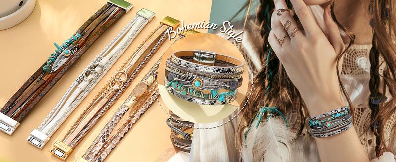 Women’s Leather Wrap Bracelets - Boho Western Cuff Style, Beaded Stackable Design | Gold, Black, Gray Trendy Fashion Accessories