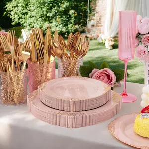 145pcs Pink Disposable Plastic Tableware Set with Golden Floral Pattern, Reusable, Suitable for 20 Guests, Ideal for Birthday Parties, Holiday Gatherings, Wedding Essentials, Banquets, Party Supplies, And Catering Equipment-Valentine's Day New Year