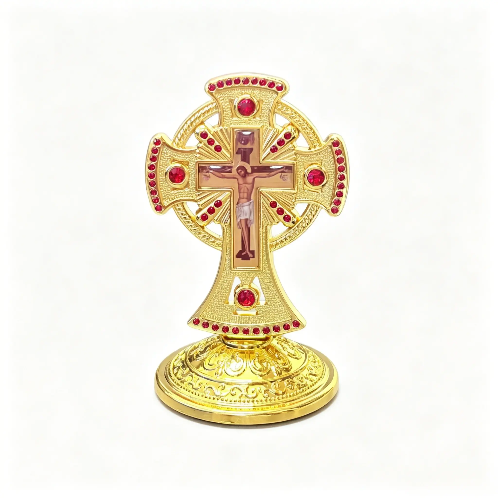 Mini Gold Orthodox Standing Crucifix, Red Rhinestone Byzantine Cross, Detachable Base Car Dashboard Home Prayer Religious Gift