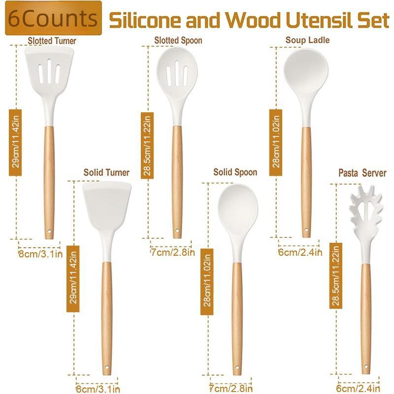 Silicone Kitchen Utensils Set, 6 Counts/set Wooden Handle Cooking Utensils Set, Heatproof Kitchen Tools for Non-stick Cookware