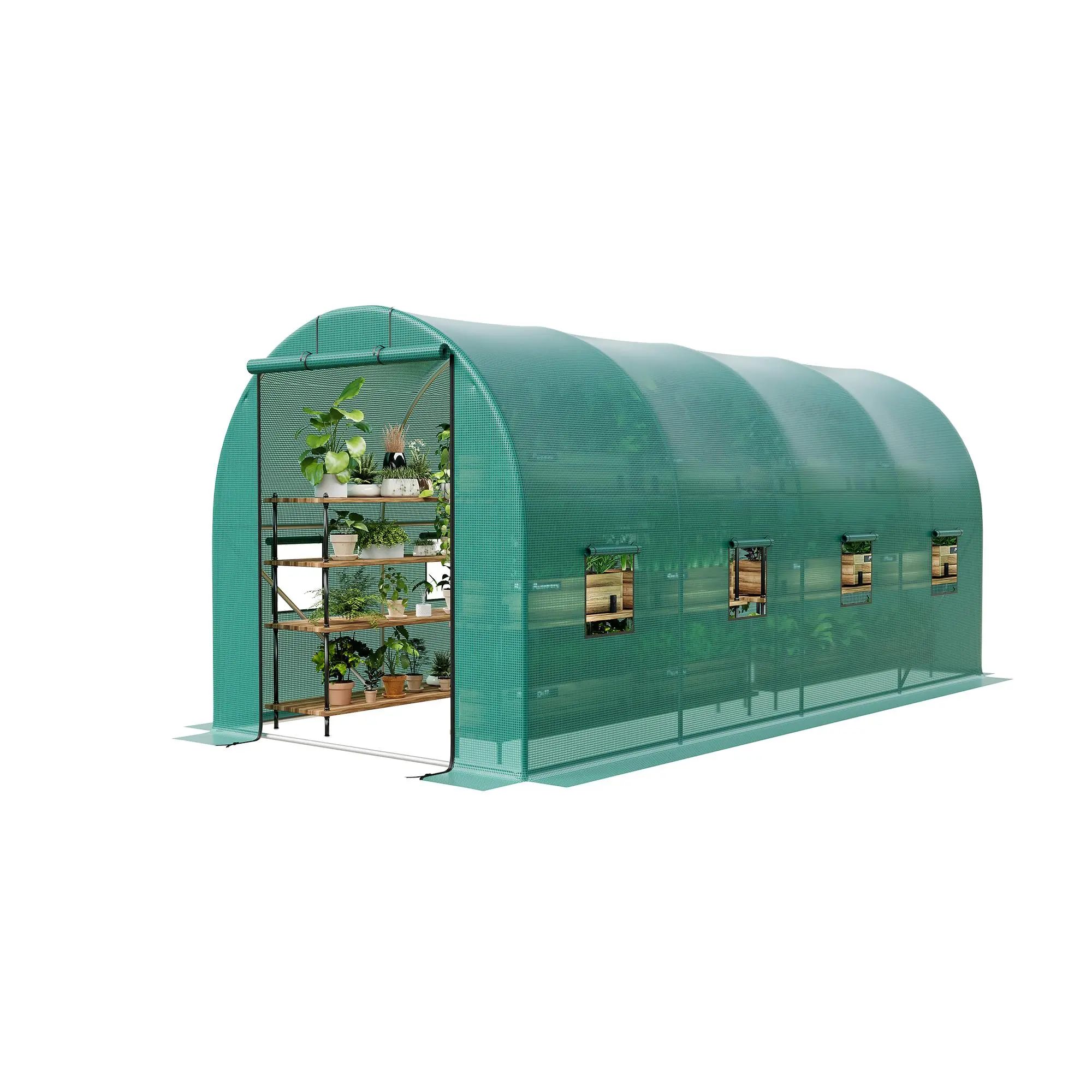 Large Walk-In Greenhouse Tunnel for Backyard Gardening – 15x7x7 ft, Sturdy Galvanized Steel Frame, 8 Mesh Ventilation Windows, Roll-Up Zipper Door, Durable PE Cover – Ideal for Vegetables & Flowers