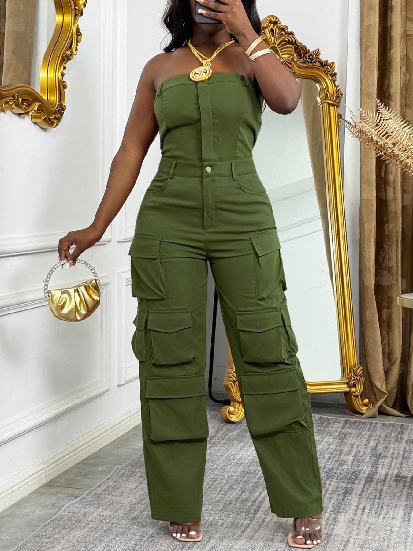 Women's Solid Flap Pocket Overalls Jumpsuit, Casual Street Fashion Strapless Sleeveless Jumpsuit for Daily Wear, Ladies Clothes for All Seasons, Solid Color Jumpsuit