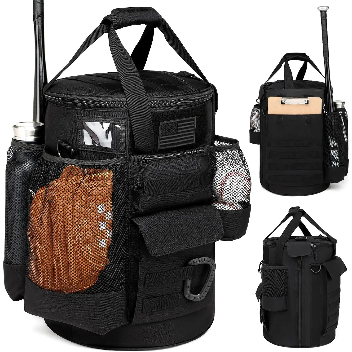 Baseball Bucket Bag Baseball Coaching Accessories Organizer Tactical Style Softball Bucket Bag with Anti-Slip Bottom, Multiple Pockets for Bat, Gloves, Scoreboards