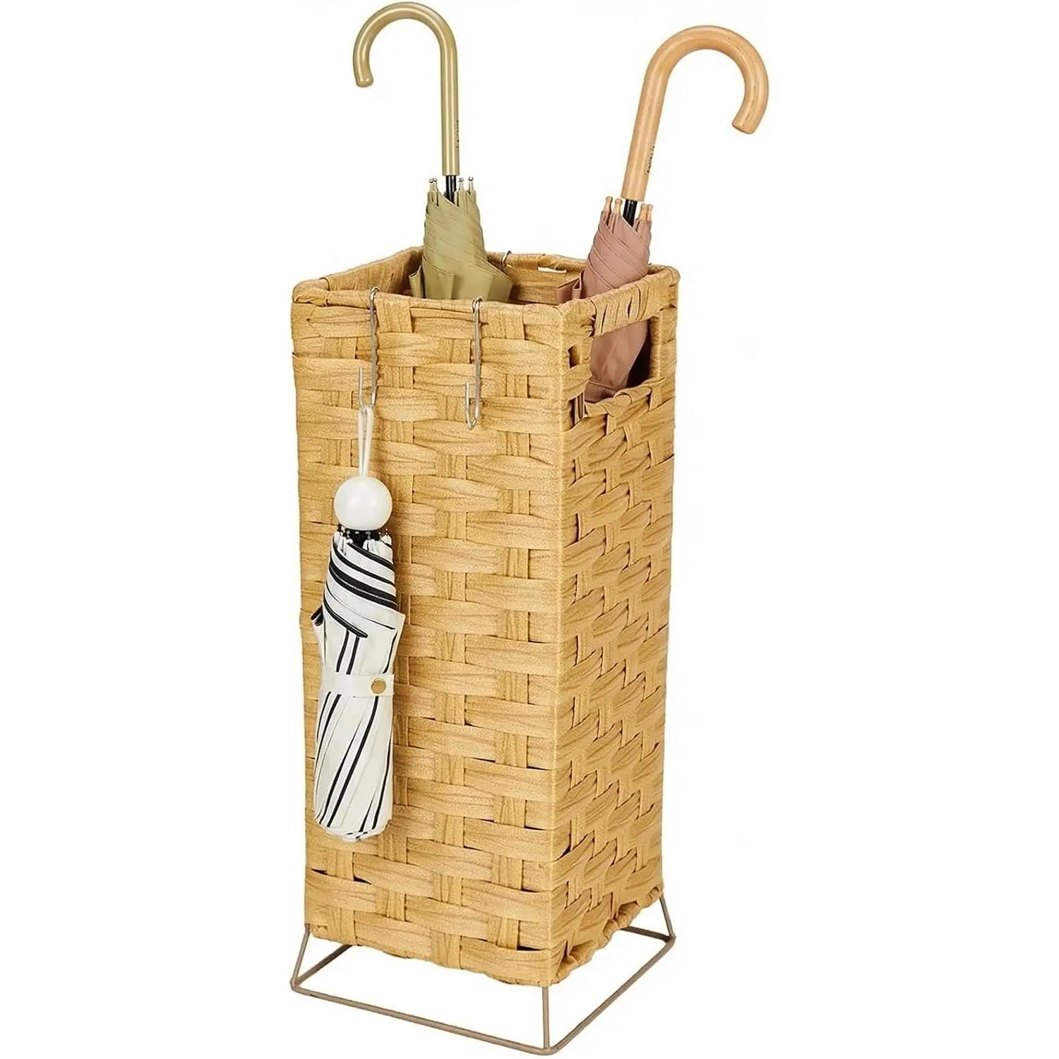 Umbrella Holder for Entryway - Handwoven Rattan Umbrella Stand Indoor with Water Reservoir Base, Durable Metal Hooks & Drip Tray, Stylish Umbrella Basket and Umbrella Storage Bucket