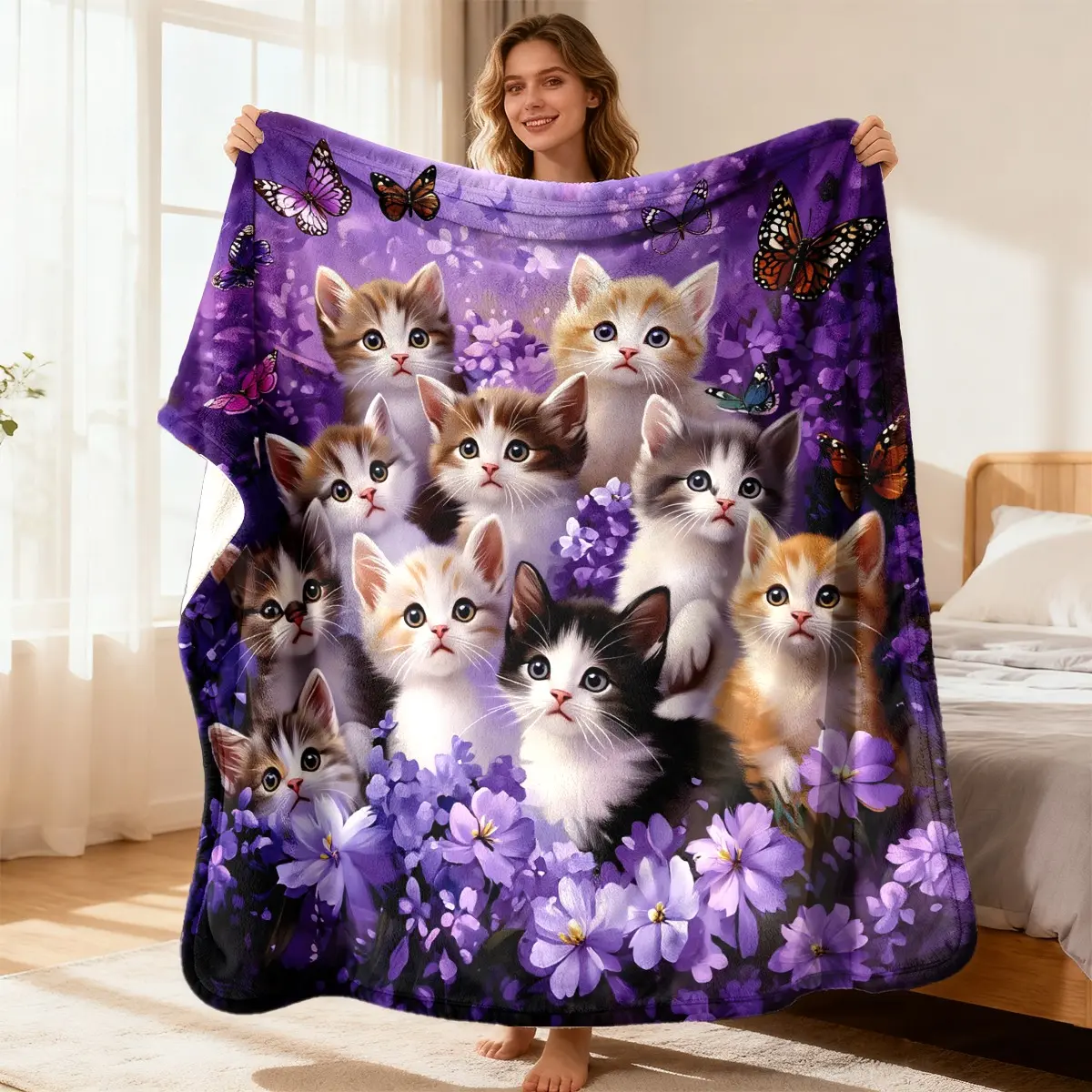 Flannel Cloth 1-Piece Blanket with Animal Motif, Kittens Print, Floral Butterfly Design - Comfortable, Warm - Perfect Holiday Gift for Loved Ones - Ideal for Nap Time, Travel