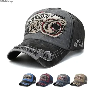 Vintage Washed Cotton Baseball Cap with 3D Frayed Shark Embroidery Patch, Distressed Broken Brim Adjustable Snapback Hat, Breathable Pigment Washed Casual Headwear, Ideal for Street Daily Outfits, Outdoor Fishing and Hip-hop Casual Travel Matching Looks